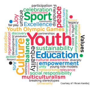 Sport and Society Conference logo featuring a collection of words in different colors, in a circle. 
