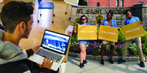 Image featuring a student on a laptop and three students with "Welcome" signs.