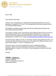Image of a letter announcing the cancellation of the 2020 Scholarship Tribute Dinner.